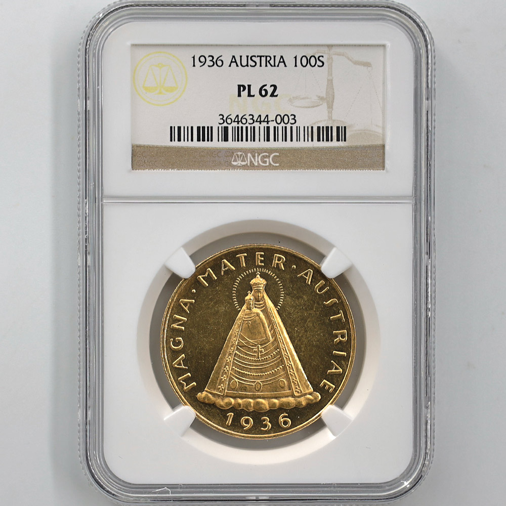 1936 Austria Madonna 100 Shillings 23.52 Grams Gold Coin NGC PL 62