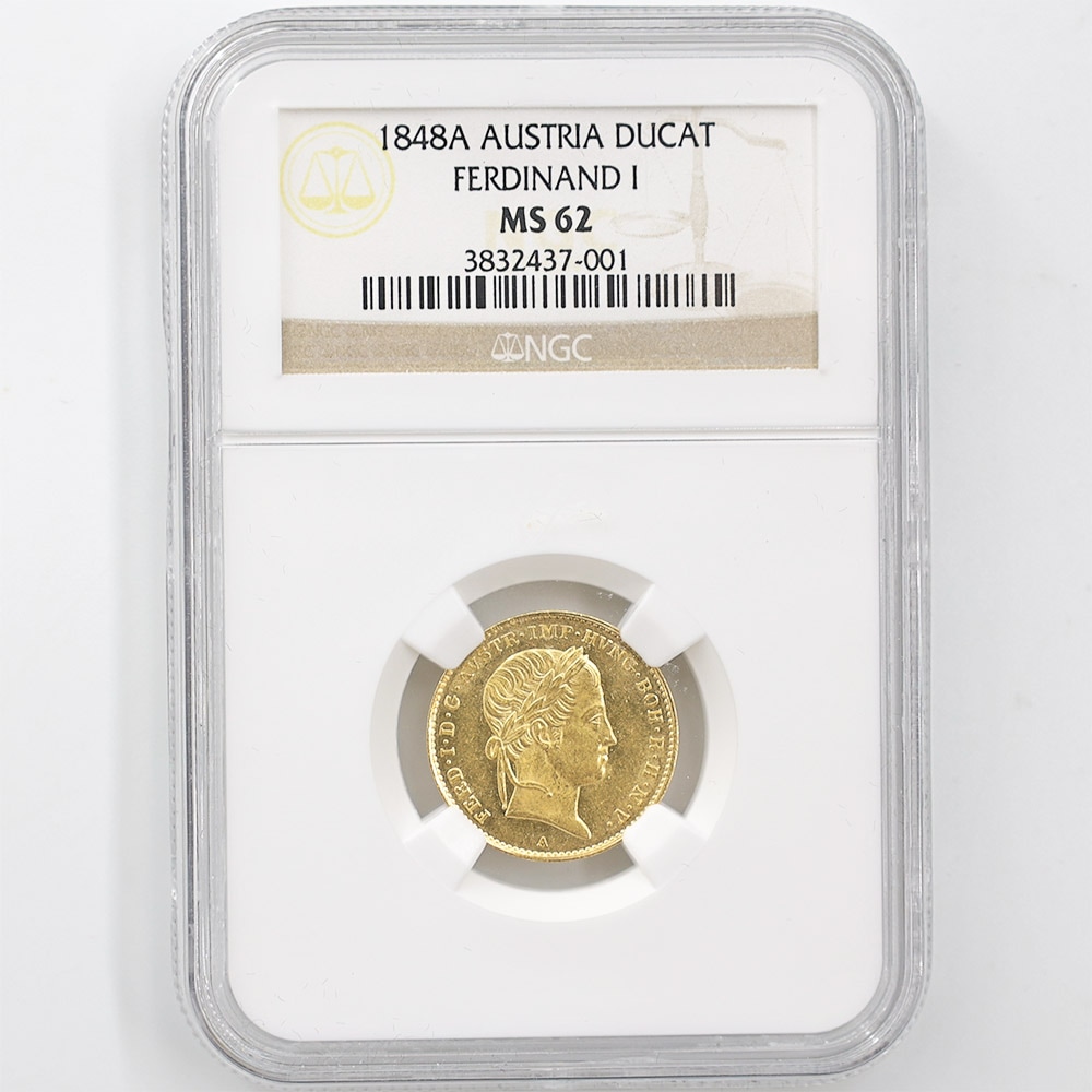 1848 Austria Ferdinand I 1 Ducat 3.49 Grams Gold Coin NGC MS 62