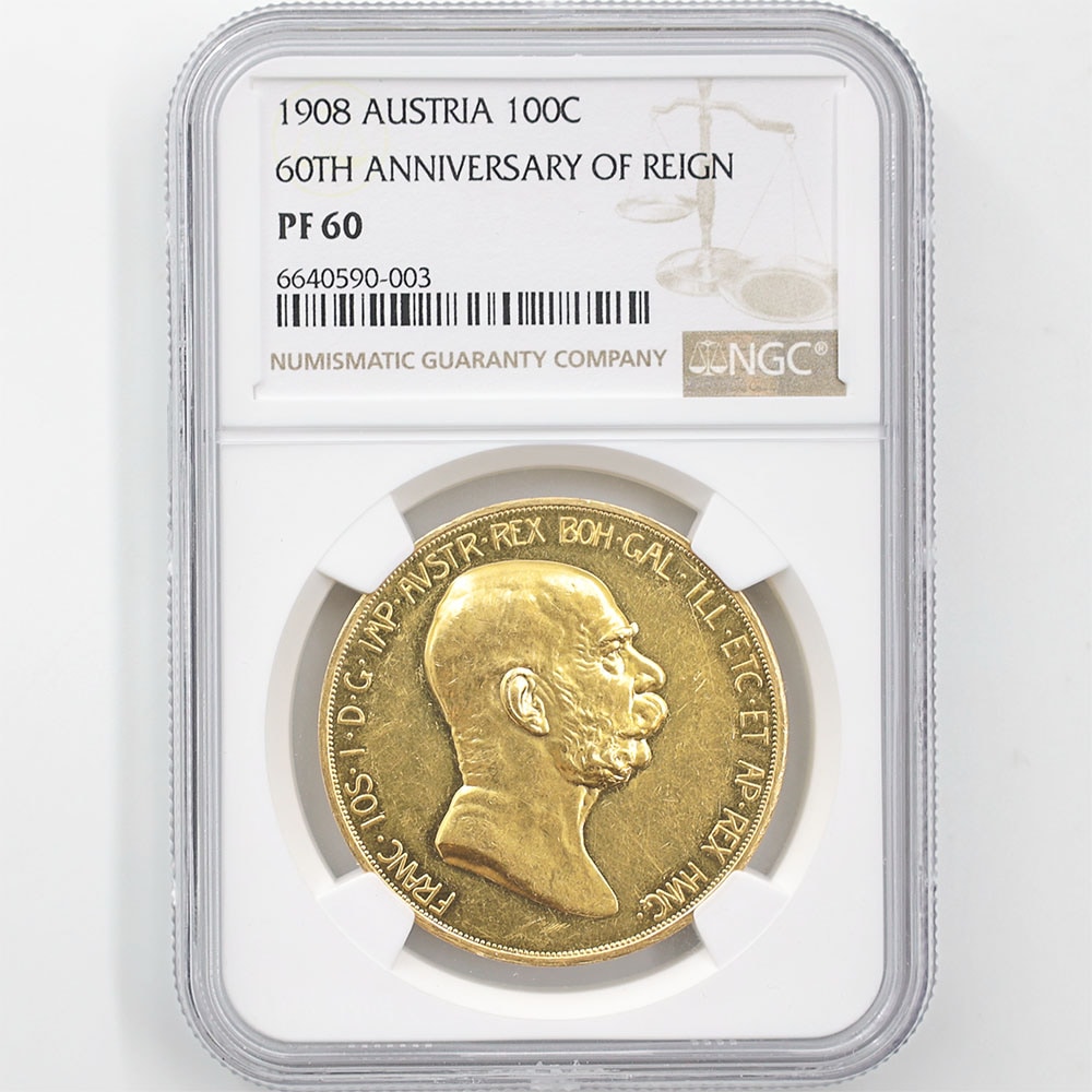 1908 Austria Goddess Above the Clouds 60th Anniversary of Franz Joseph I's Reign 100 Corona 33.88 Grams Gold Proof Coin NGC PF 60