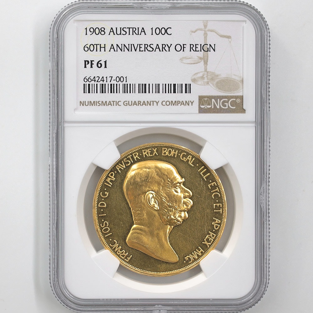 1908 Austria Goddess Above the Clouds 60th Anniversary of Franz Joseph I's Reign 100 Corona 33.88 Grams Gold Proof Coin NGC PF 61