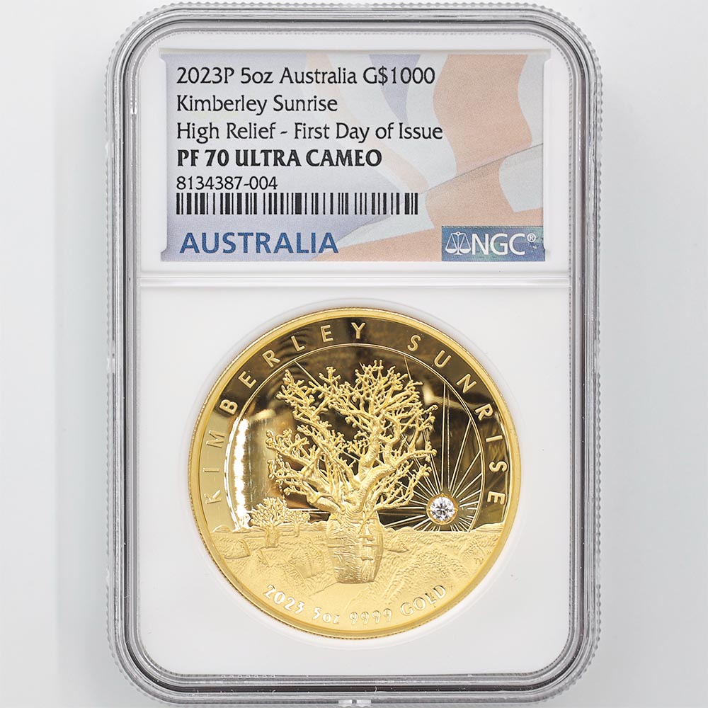 2023 Australia Kimberley Sunrise High Relief 1000 Australian Dollars 5 oz Gold Proof Coin NGC PF 70 UC FDOI