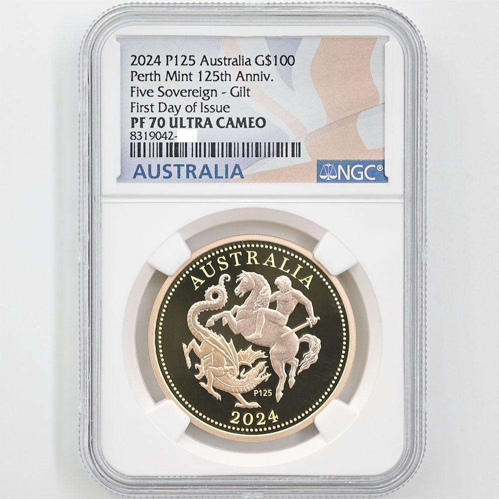 2024 Australia Perth Mint 125th Anniversary 5 Sovereign 100 Australian Dollars 39.94 Grams Gilt Gold Proof Coin NGC PF 70 UC First Day of Issue