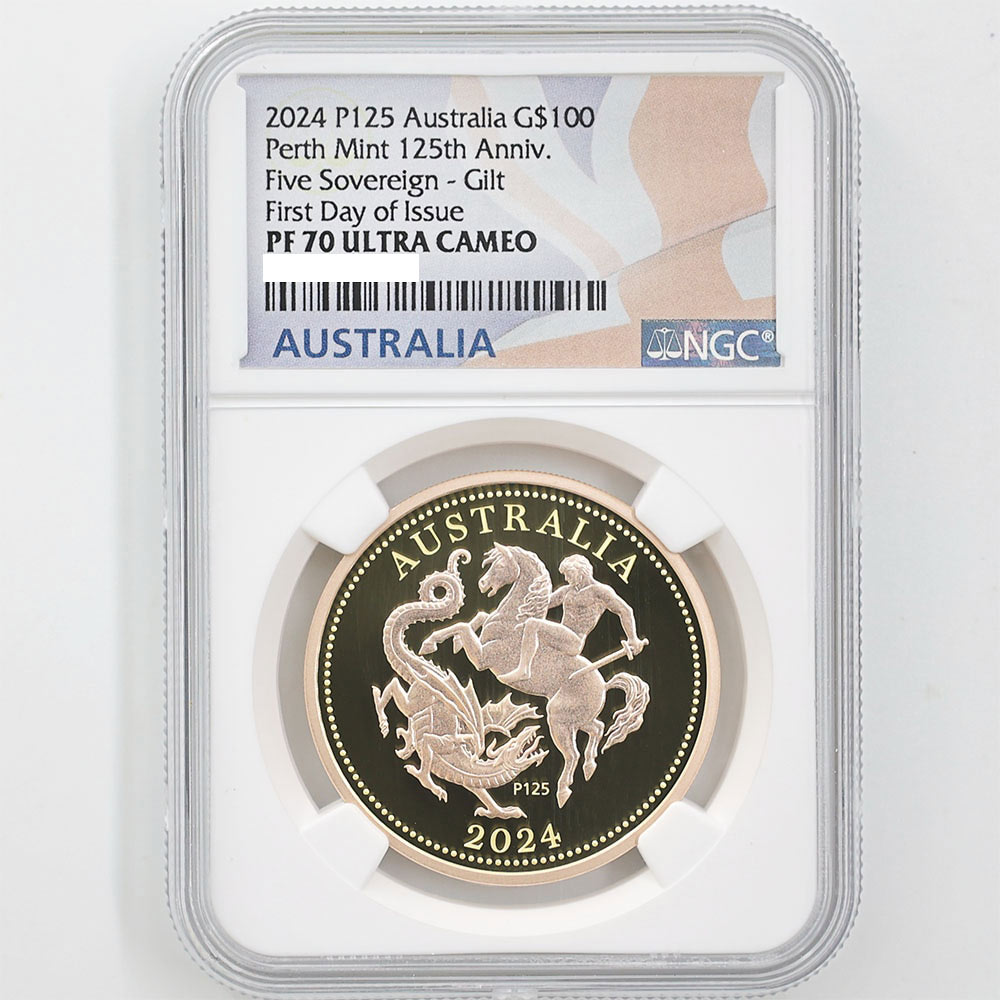 2024 Australia Perth Mint 125th Anniversary 5 Sovereign 100 Australian Dollars 39.94 Grams Gilt Gold Proof Coin NGC PF 70 UC First Day of Issue