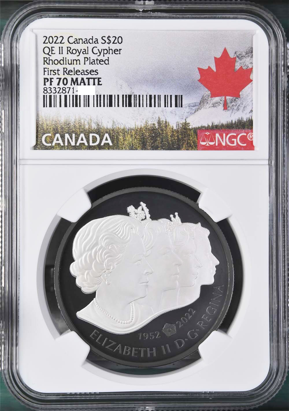 2022 Canada Queen Elizabeth Ⅱ 70th Anniversary Royal Cypher 20 Canadian Dollars 1 oz Black Rhodium Plated Silver Proof Coin NGC PF 70 MATTE