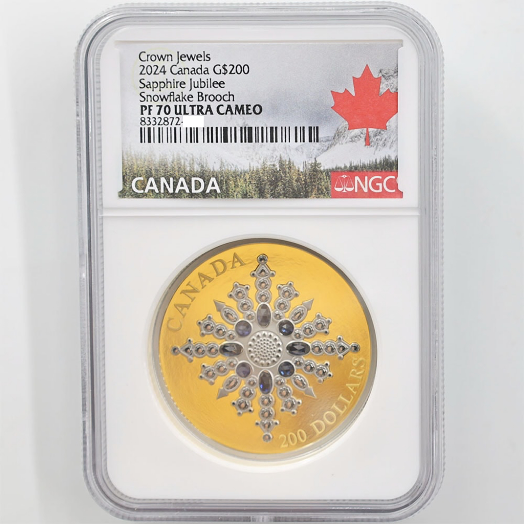 2024 Canada Sapphire Jubilee Snowflake Brooch 200 Canadian Dollars 60.08 Grams Gold Proof Coin NGC PF 70 UC