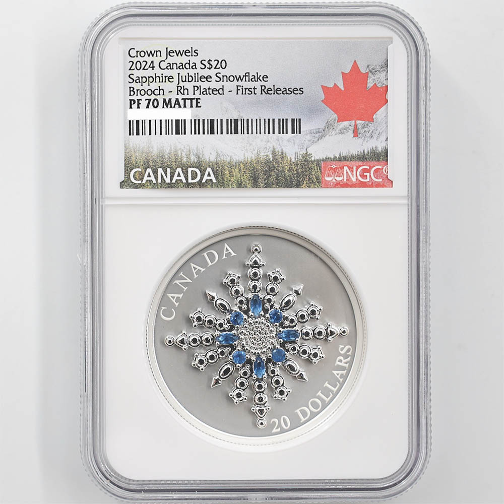 2024 Canada The Sapphire Jubilee Snowflake Brooch 20 Canadian Dollars 1 oz Rhodium Plating Adorned with Coloured Stones Silver Proof Coin NGC PF 70 MATTE