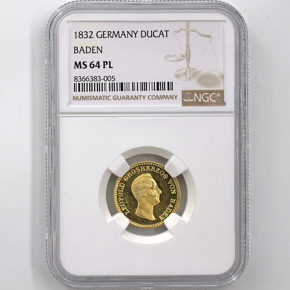 1832 Germany Leopold I Baden 1 Ducat 3.66 Grams Gold Coin NGC MS 64 PL