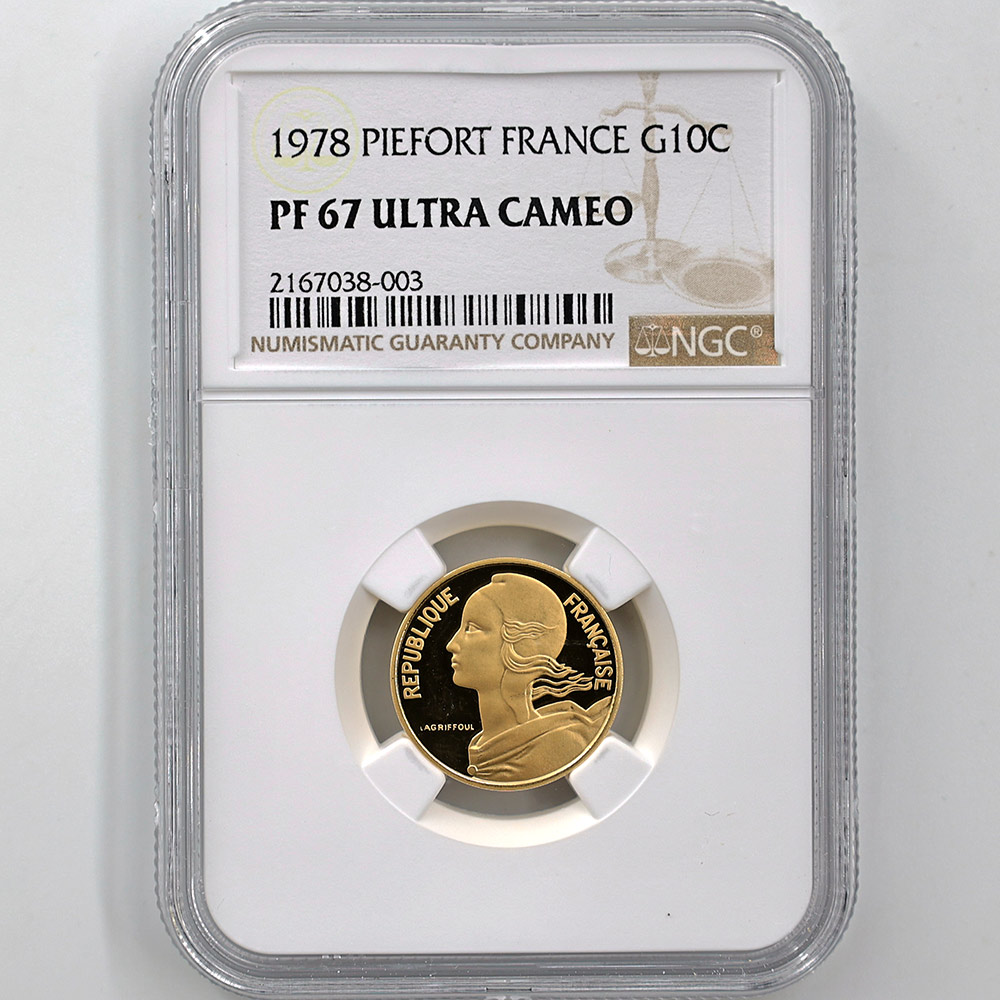 1978 France Marianne Piefort 10 Centimes 12.75 Grams Gold Proof Coin NGC PF 67 UC