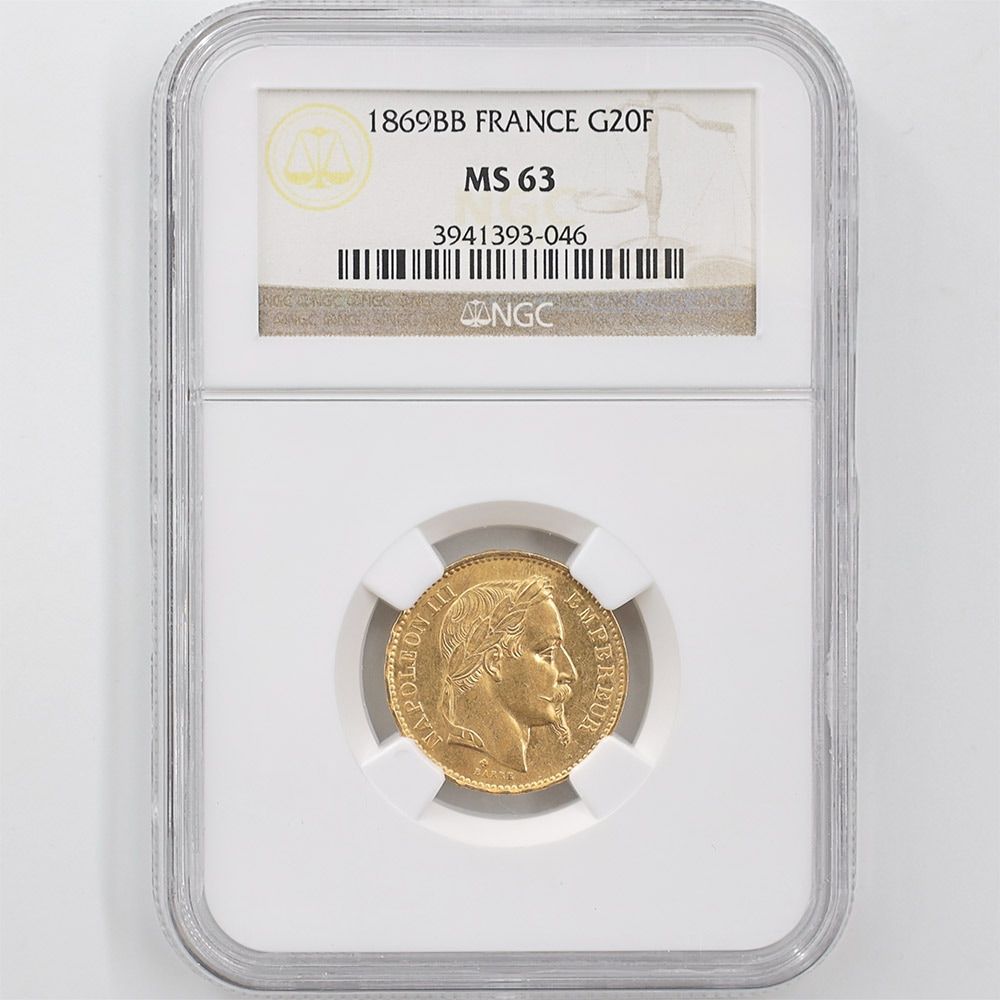 1869BB France Napoleon III 20 Francs 6.45 Grams Gold Coin NGC MS 63