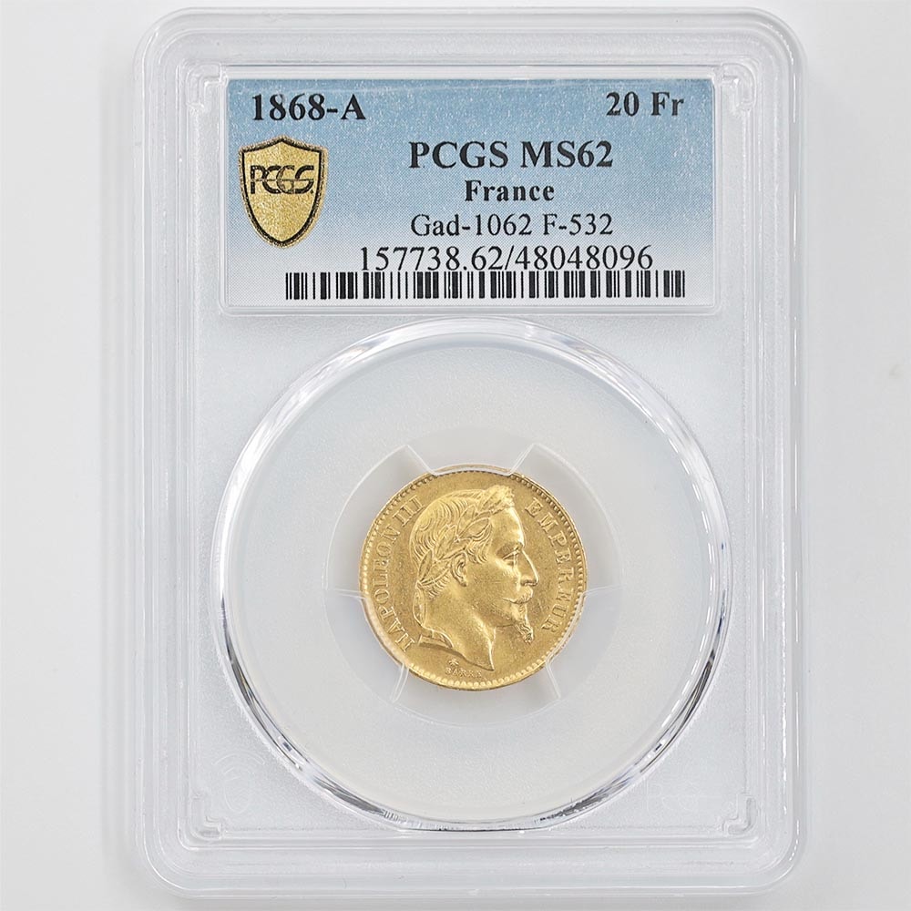 1868 France Napoleon Ⅲ 20 Francs 6.45 Grams Gold Coin PCGS MS 62