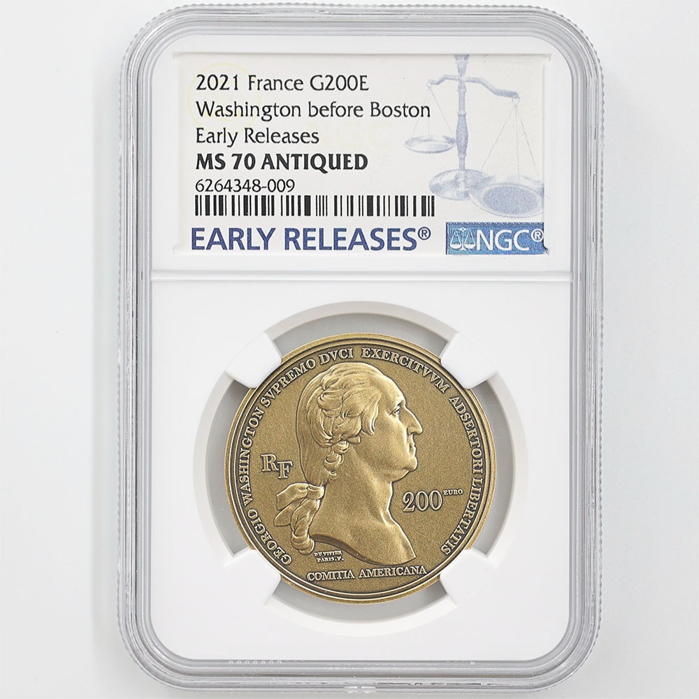 2021 France Washington Before Boston 200 Euros 1oz Gold Coin NGC MS 70 ANTIQUED Early Releases