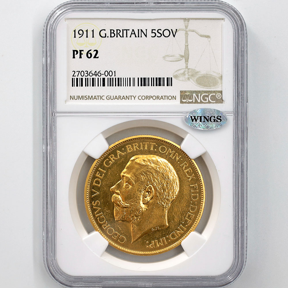 1911 Great Britain George V Sovereign 5 Pounds 39.94 Grams Gold Proof Coin NGC PF 62