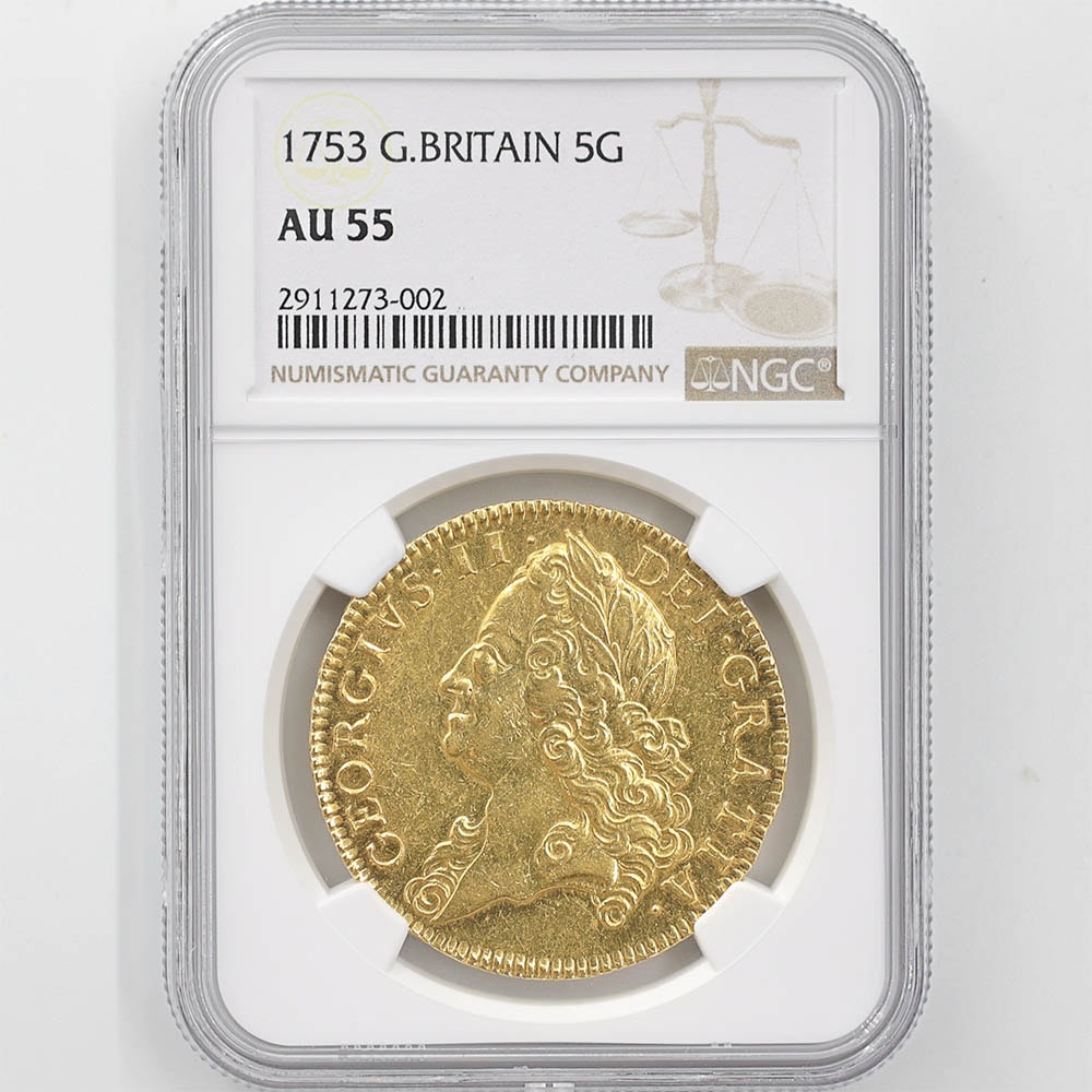 1753 Great Britain George II 5 Guineas Gold Coin NGC AU 55 