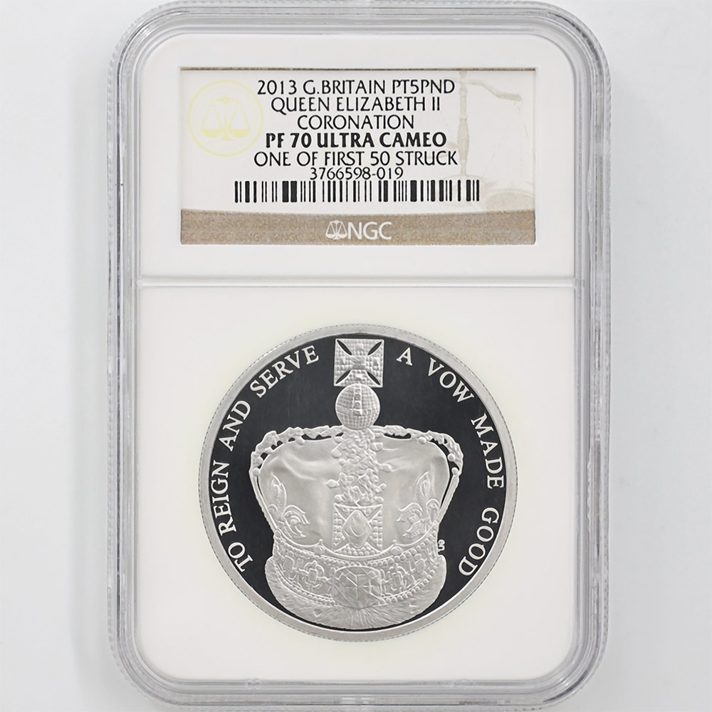 2013 Great Britain 60th Anniversary of Elizabeth II's Coronation 5 Pounds 94.2 Grams Platinum Proof Coin NGC PF 70 UC One Of First 50 Struck