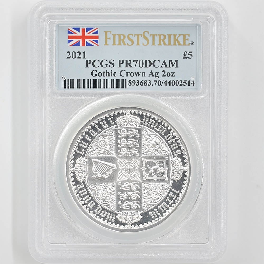 2021 Great Britain Gothic Crown Quarter Arms 5 Pounds 2oz Silver Proof Coin PCGS PR 70 DCAM First Strike