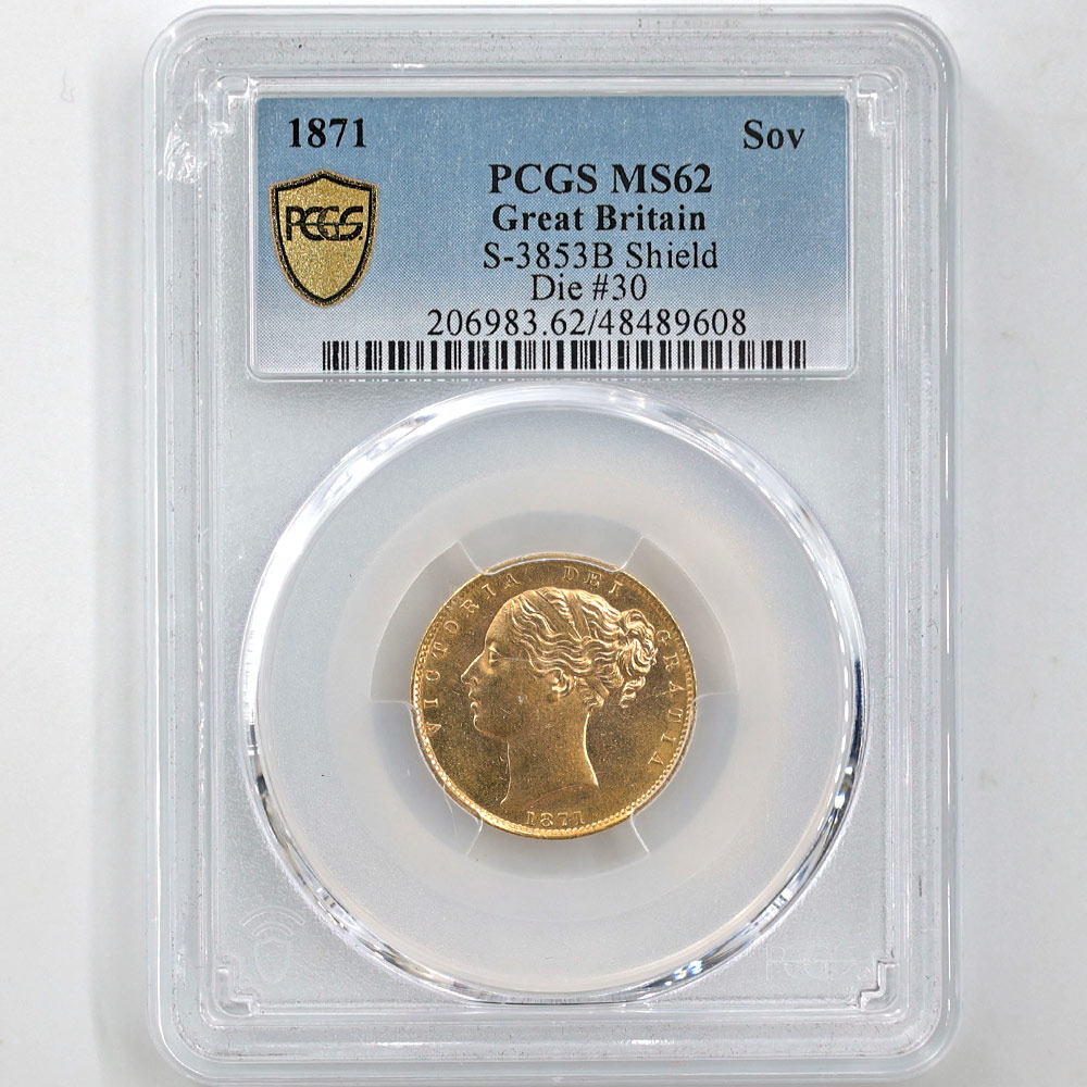 1871 Great Britain Victoria Younger Sovereign 1 Pound 7.99 Grams Gold Coin PCGS MS 62