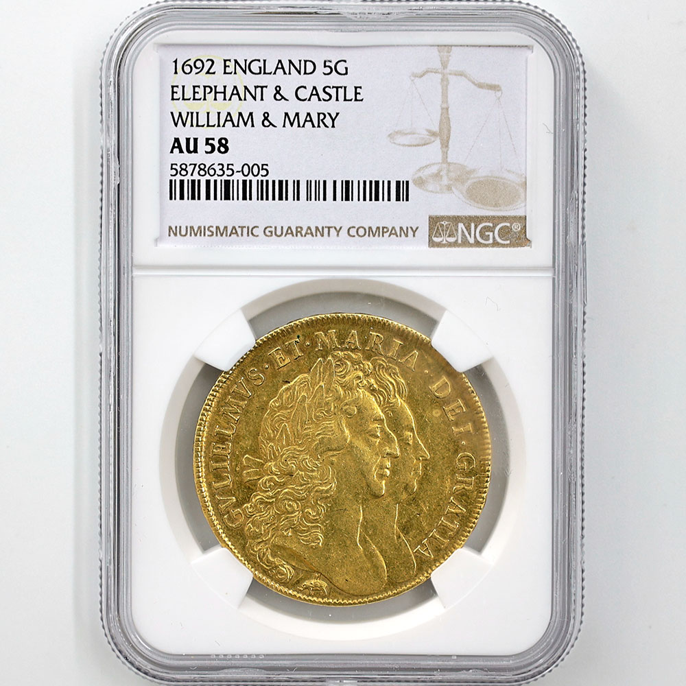 1692 Great Britain William & Mary Elephant & Castle 5 Guineas Gold Coin NGC AU 58 