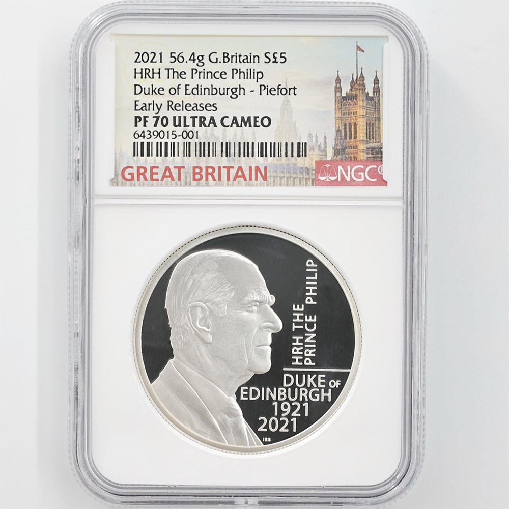 2021 Great Britain Duke of Edinburgh HRH the Prince of Phillip 5 Pounds 56.56 Grams Piedfort Silver Proof Coin NGC PF 70 UC Early Releases