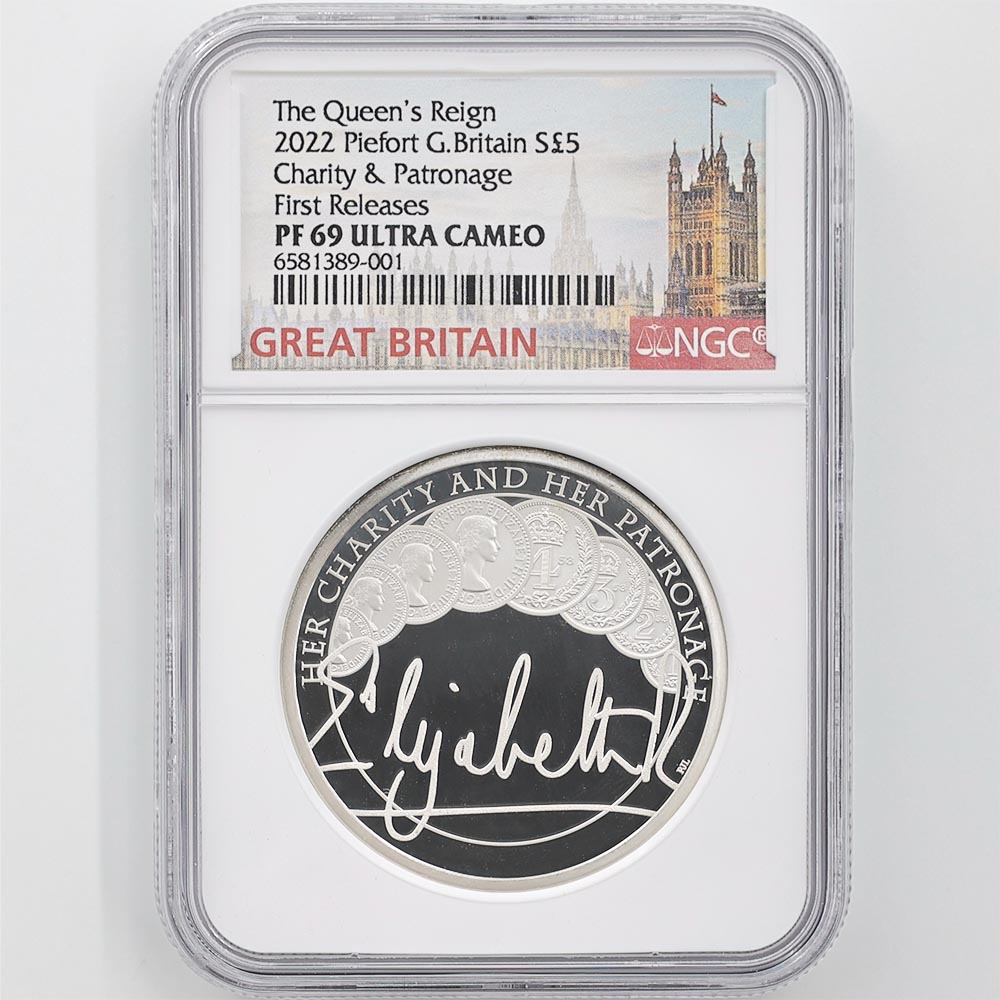 2022 Great Britain Queen Elizabeth II Charity & Patronage 5 Pounds 56.56 Grams Piedfort Silver Proof Coin NGC PF 69 UC First Releases