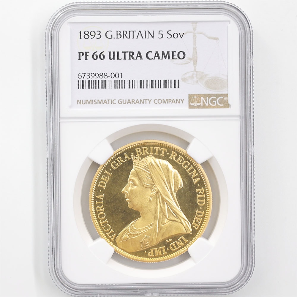 1893 Great Britain Victoria Veil Head 5 Pounds 39.94 Grams Gold Proof Coin NGC PF 66 UC