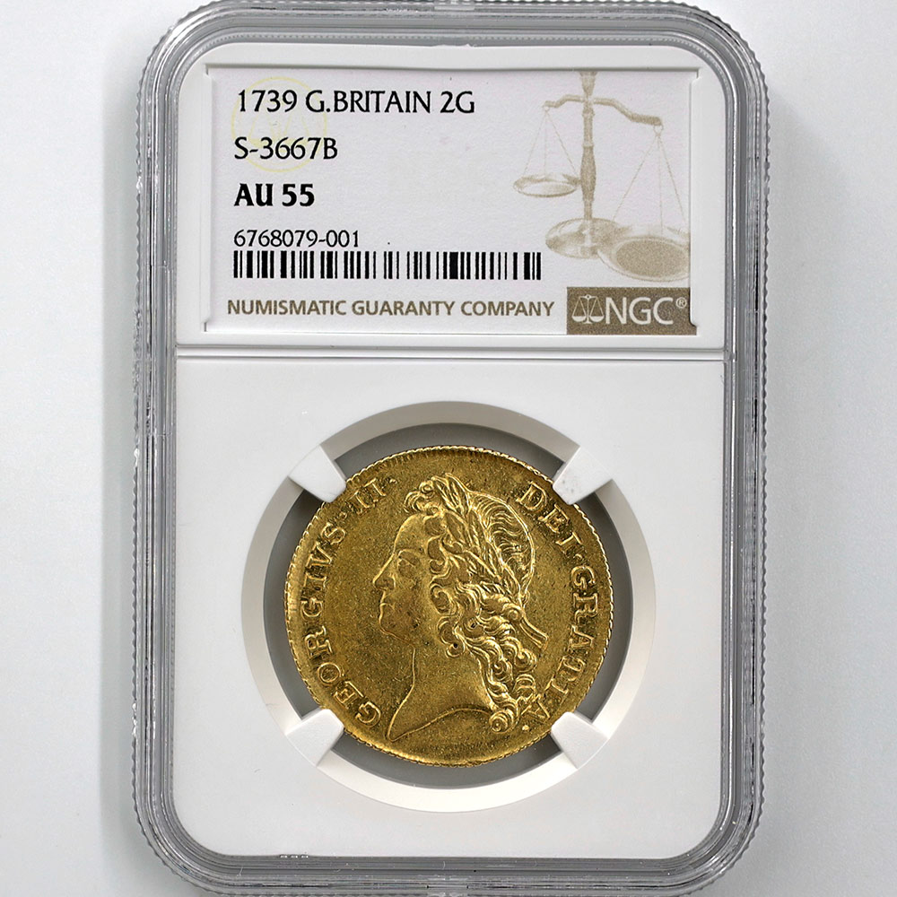 1739 Great Britain George II 2 Guineas Gold Coin NGC AU 55