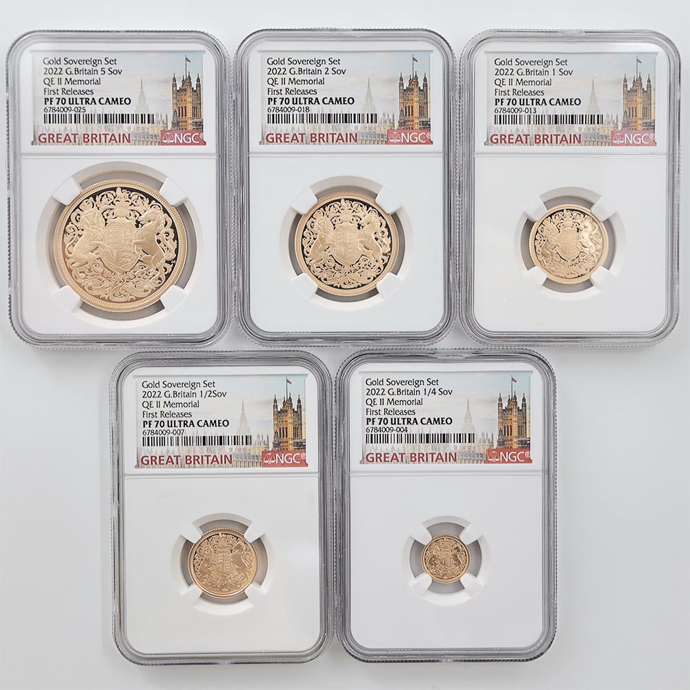 2022 Great Britain Queen Elizabeth II Memorial Sovereign Set Gold 5-Coin Proof Set NGC PF 70 UC First Releases