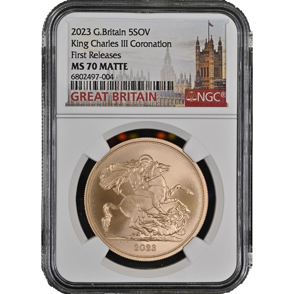 2023 Great Britain Charles III Coronation Sovereign 5 Pounds Gold Coin NGC MS 70 MATTE First Release