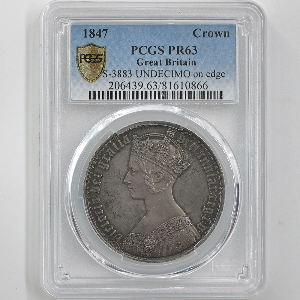 1847 Great Britain Victoria Gothic Crown 1 Crown 28.28 Grams Silver Coin PCGS PR 63 UNDECIMO ON EDGE