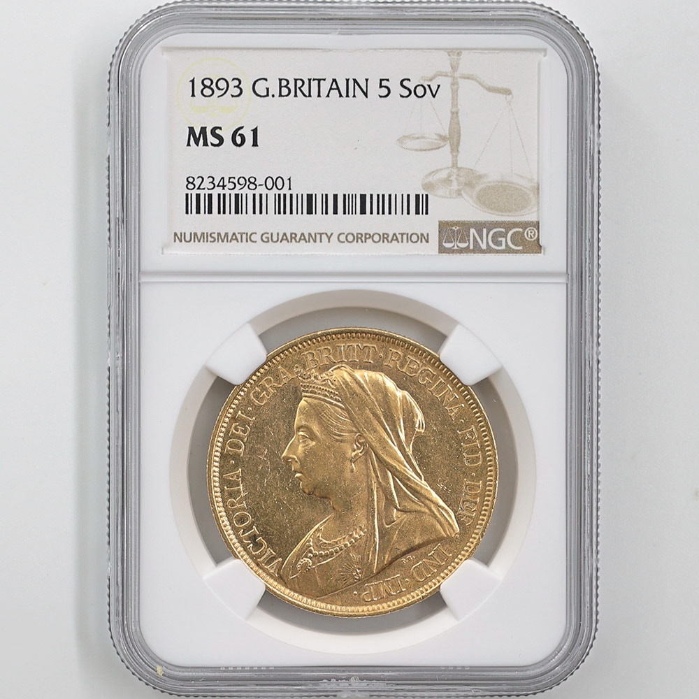 1893 Great Britain Victoria Sovereign 5 Pounds Gold Coin NGC MS 61