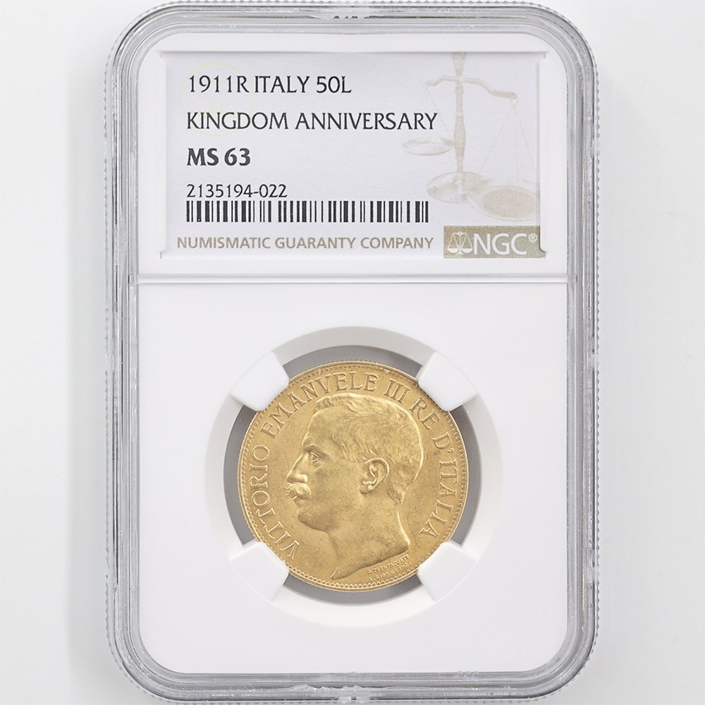 1911 Italy Kingdom Anniversary 50 Lire 16.13 Grams Gold Coin NGC MS 63