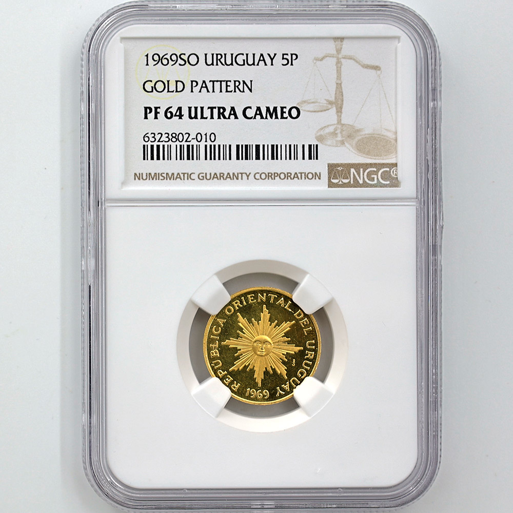 1969SO Uruguay 5 Peso Pattern 5.8 Grams Gold Proof Coin NGC PF 64 UC