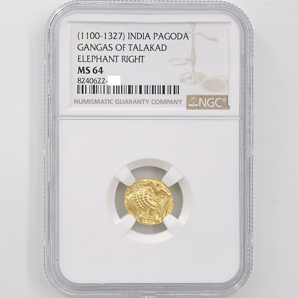 1100-1327 India Western Ganga Dynasty Gangas of Talakad Elephant Right 1 Pagoda Gold Coin NGC MS 64