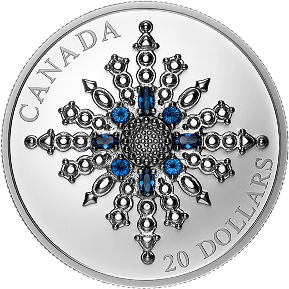 2024 Canada The Sapphire Jubilee Snowflake Brooch 20 Canadian Dollars 1 oz Rhodium Plating Adorned with Coloured Stones Silver Proof Coin NGC PF 70 MATTE