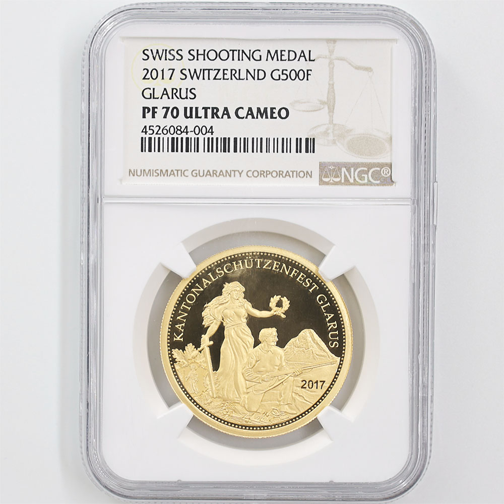 2017 Switzerland Swiss Shooting Medal Stans 500 Swiss Francs 1/2oz Gold Proof Coin NGC PF 70 UC